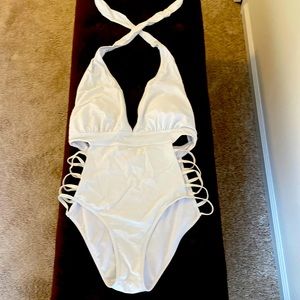 White Halter Backless One Piece w/ Cutouts